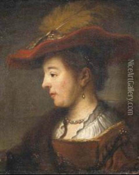 Ritratto Di Dama Di Profilo Con Cappello Piumato Oil Painting - Rembrandt Van Rijn