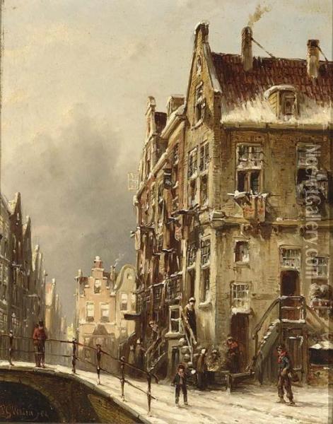 Wintry Town View With Figures On A Bridge Oil Painting - Pieter Gerard Vertin