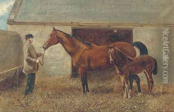 A mare and foal held by a groom Oil Painting - English School