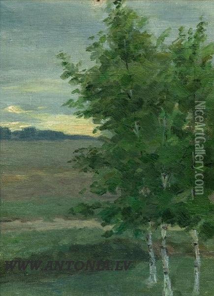 Studio 
With 
Three 
Birch Trees Oil Painting - Adams Alksnis