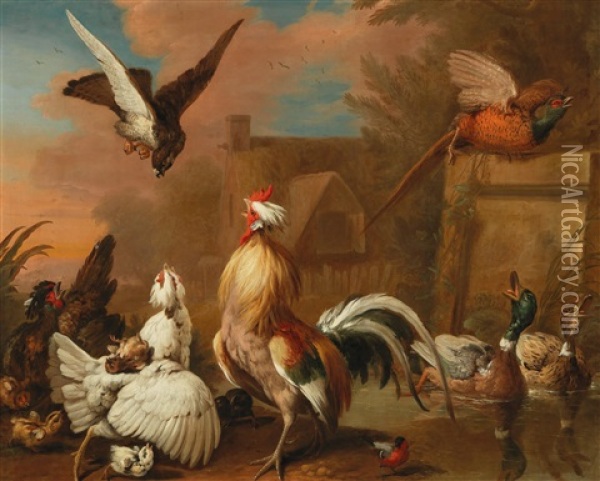 A Hawk Attacking Chickens Oil Painting - Marmaduke Cradock