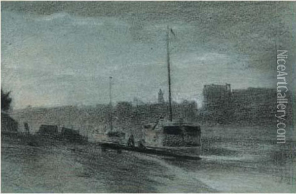 Bord De Seine, Peniches A Quai Oil Painting - Stanislas Lepine