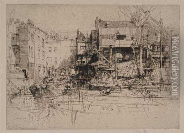 Barge Builders-limehouse Oil Painting - E. Hedley Fitton