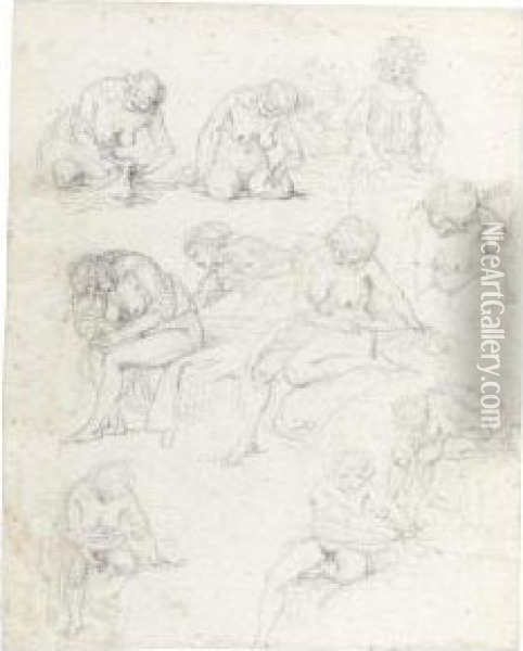 Sheet Of Studies Of Nude Young Women Oil Painting - Augustin de Saint-Aubin