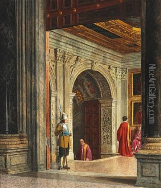 Interior From St. Peter's Basilica In Rome With Three Cardinals And A Swiss Guard Oil Painting - Heinrich Hansen