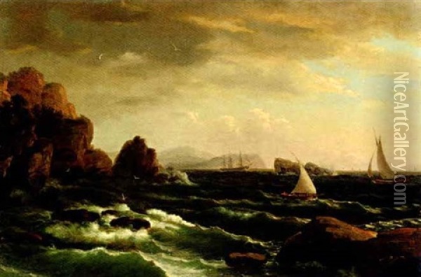 Fishing Boats Off A Rocky Coast With A Fishing Schooner In The Distance Oil Painting - Thomas Birch