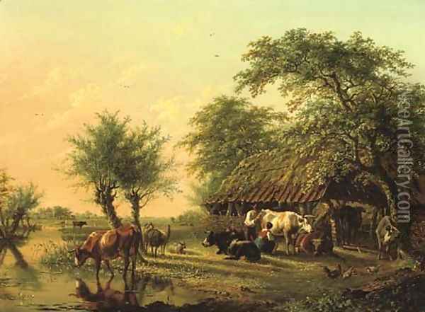 An extensive landscape with cattle near a barn Oil Painting - Jan Kobell