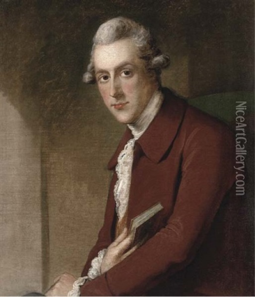 Portrait Of James White, Seated Half-length, In A Maroon Coat, Holding A Book In His Right Hand Oil Painting - John Opie