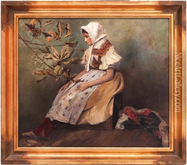 Girl In A Folk Costume Oil Painting - Otakar Lebeda