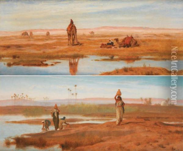 Bedoins Et Leurs Chameaux Au Bord De La Riviere - Femmes Bedouines Revenant Du Puits Oil Painting - Frederick Goodall