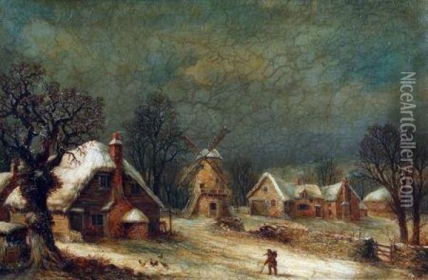 Winter Landscape With Figure And Windmill Oil Painting - William Stone
