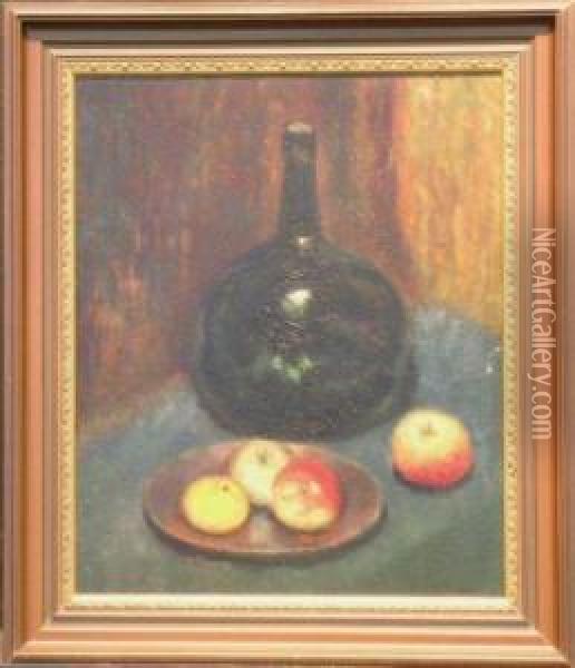 Still Life With Fruit And Glass Bottle Oil Painting - Abbott Handerson Thayer