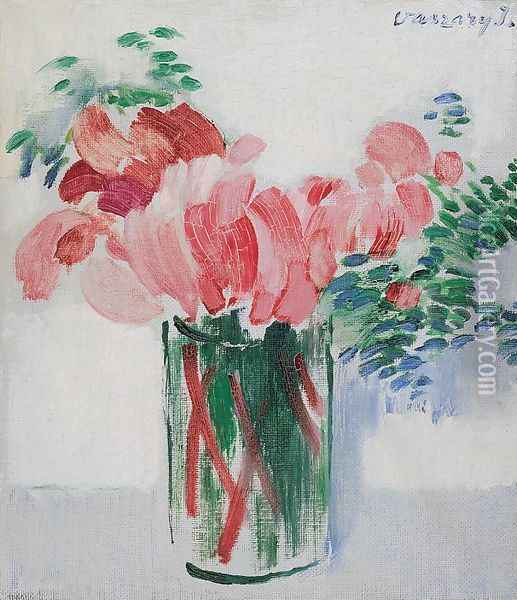 Cyclamens in a Glass 1930s Oil Painting - Janos Vaszary