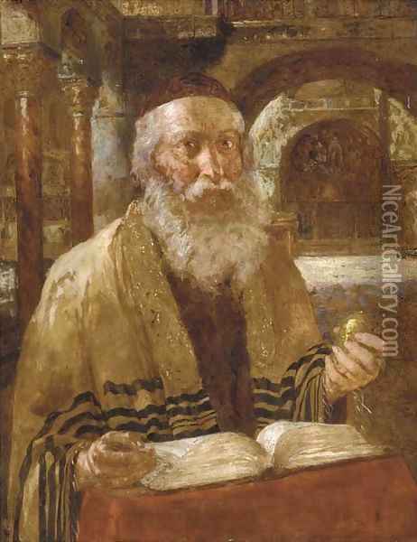 Portrait of a Rabbi reading the scriptures Oil Painting - Continental School