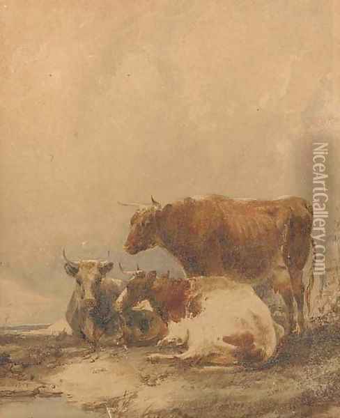 Cows resting on a riverbank Oil Painting - Thomas Sidney Cooper