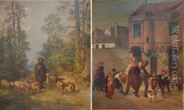 Les Buveurs Et Berger Et Son Troupeau Oil Painting - Jules Leonard