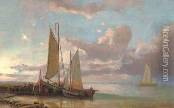 Moored fishing vessels at the end of the day Oil Painting - Abraham Hulk Snr