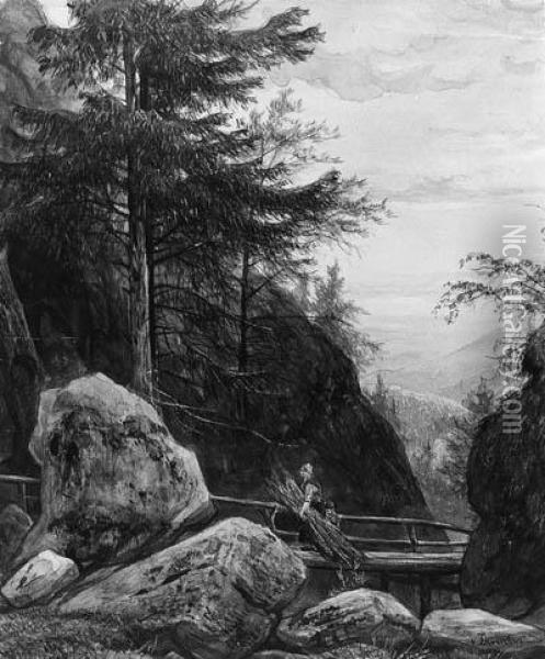 A Rocky Wooded Slope With A Woman And Child Crossing A Bridge Oil Painting - Jan Frederik Van Deventer