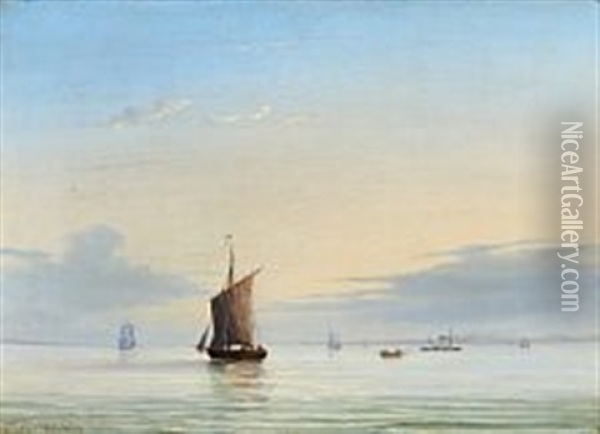 Seascape With Sailing Ships In Early Morning Oil Painting - Fritz Siegfried George Melbye