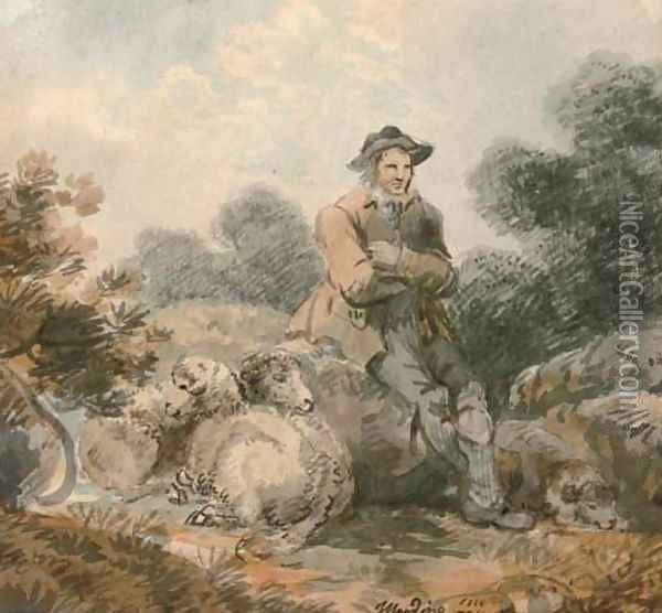 A shepherd and his flock Oil Painting - John Harding