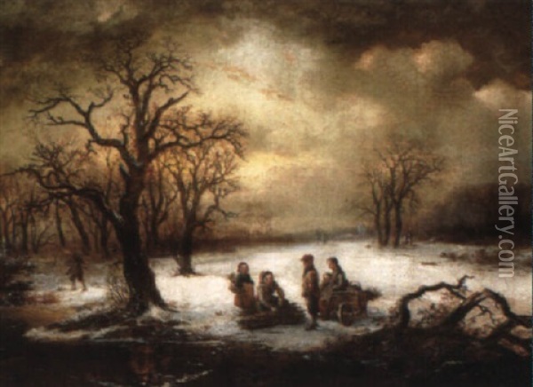 Children On A Frozen Lake Oil Painting - Alexis de Leeuw