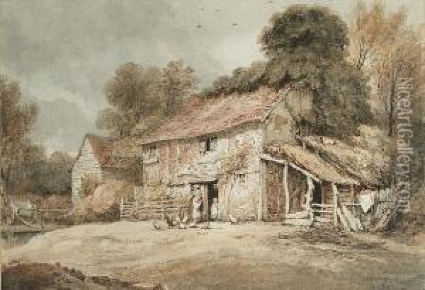 Cottage Scene With Chickens Oil Painting - Henry Edridge