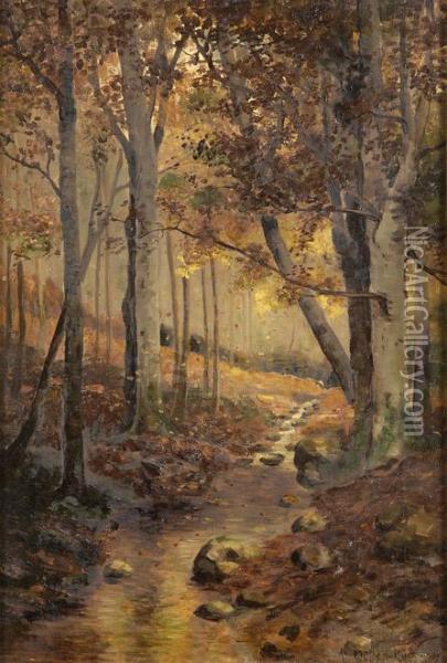 Waldlandschaft Mit Bachlauf. Oil Painting - Konrad Mueller-Kuerzwelly