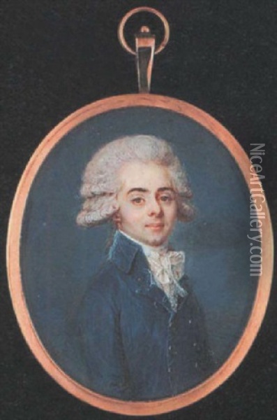 A Young Gentleman Wearing Double-breasted Blue Coat And White Lace Cravat, His Hair Powdered And En Queue Oil Painting - Louis-Andre Fabre