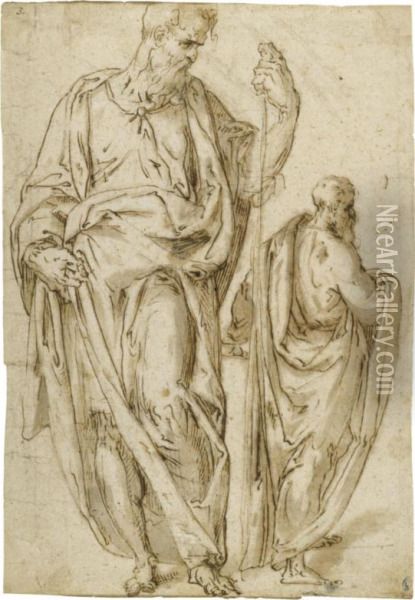 Two Standing Figures, One Holding A Staff In His Left Hand Oil Painting - Aurelio Luini