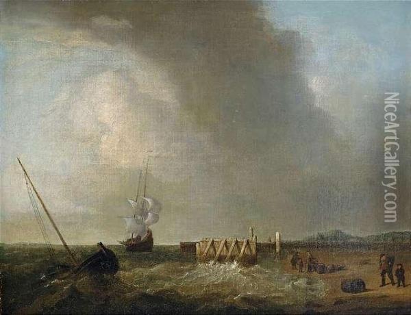 Clouded Coastal Landscape With Ships In Rough Sea. Oil Painting - Justus de Verwer