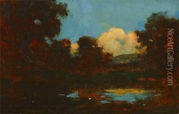 Pond In Atmospheric Autumn Landscape S L/r: A. Joullin O/wood Panel 5.75 X 9 Oil Painting - Amedee Joullin