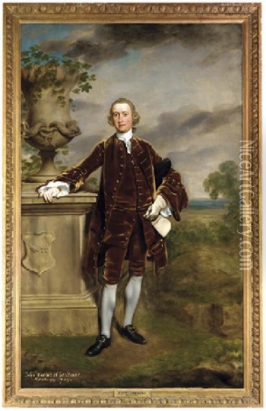 Portrait Of John Corbet Of Sundorne In A Brown Coat, Beside An Urn, In A Landscape Oil Painting - Joseph Highmore