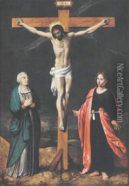 Christ On The Cross With The Virgin Mary And St. John The Baptist Oil Painting - Ambrosius Francken the Elder
