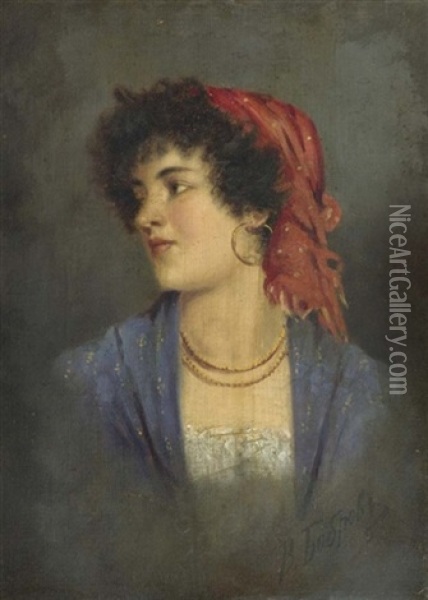 Bildnis Einer Jungen Frau Mit Rotem Kopftuch Oil Painting - Viktor Alekseevich Bobrov