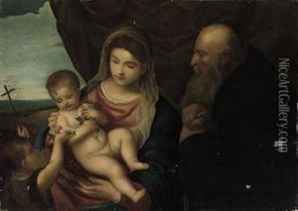 The Madonna And Child With The Infant Saint John The Baptist Andsaint Anthony Abbot Oil Painting - Tiziano Vecellio (Titian)