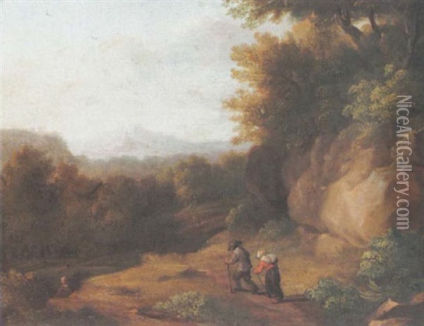 Travellers On A Path In A Wooded Landscape Oil Painting - Jacques d' Arthois