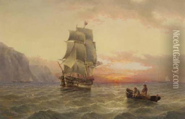A Royal Naval Two-decker Running Along The Coast At Dusk Oil Painting - Henry Redmore