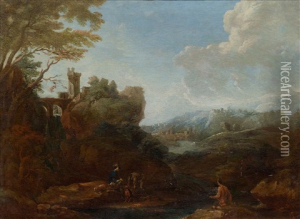 Landscape With Figures And A Castle Oil Painting - Alessio De Marchis