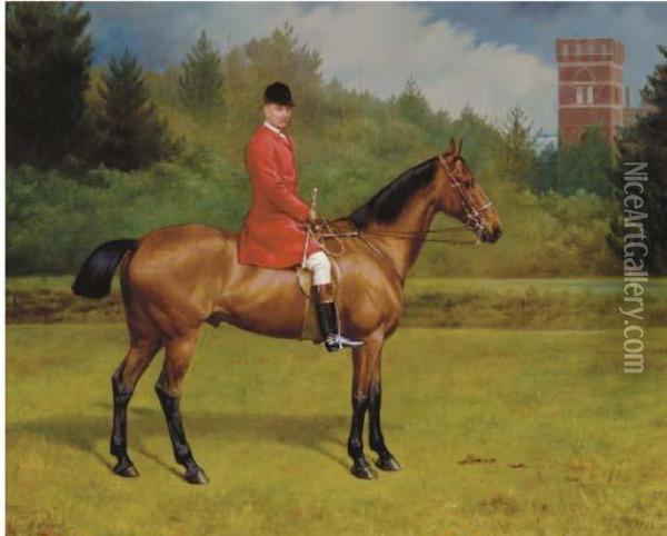 A Bay Hunter Ridden By A Jockey In Hunting Attire Oil Painting - Edmund Havell Jnr.