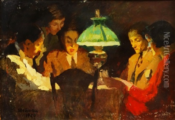 Lamp Effect Oil Painting - Ipolit Strambulescu (Strambu)
