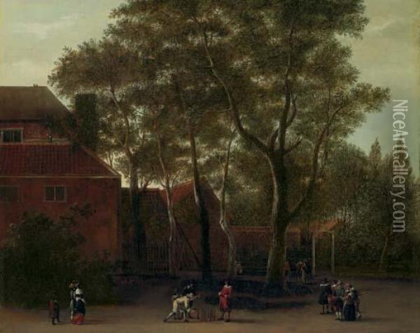 Figures Playing Skittles In A Street Outside A Town Oil Painting - Adriaen Hendricksz. Verboom