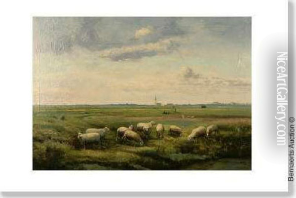 Landscape Withsheep And Village On The Horizon. Oil Painting - Cornelis van Leemputten