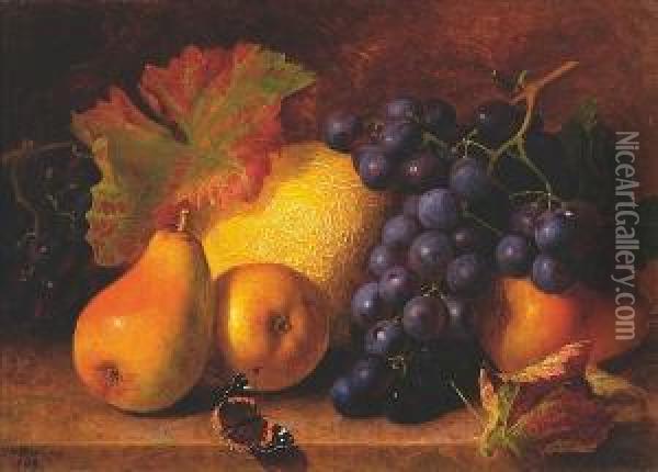 Pears, Melon And Grapes With A Tortoiseshell Butterfly In The Foreground Oil Painting - Eloise Harriet Stannard
