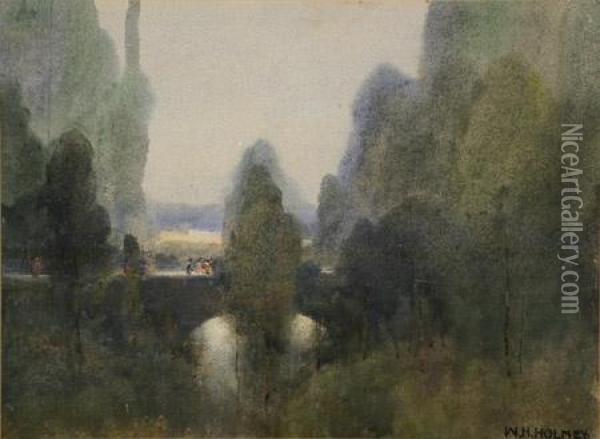 River Landscape With Figures On A Bridge Oil Painting - William Henry Holmes