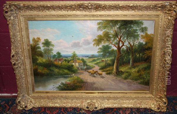 Figures And Sheep In Rural Landscape Oil Painting - Etty Horton