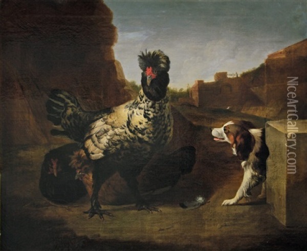Ein Hahn Mit Hennen Und Einem Hund Oil Painting - Melchior de Hondecoeter