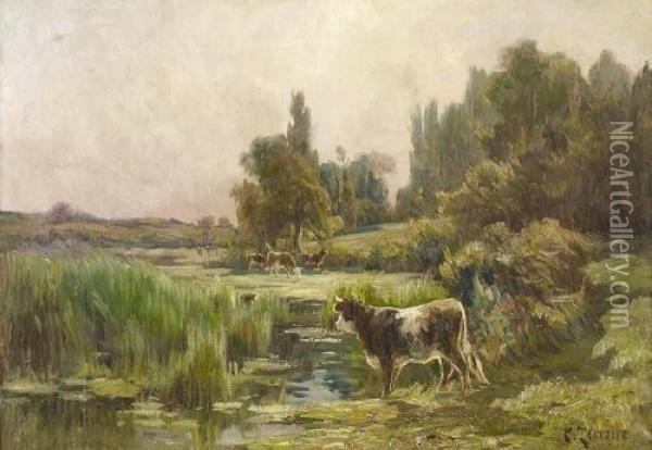 Kuhe In Sommerlicher Flusslandschaft. Oil Painting - Clovis Frederick Terraire