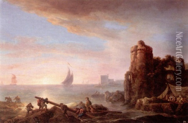 Coastal Landscape At Sunset With Fishermen, Ruins Beyond Oil Painting - Philip James de Loutherbourg