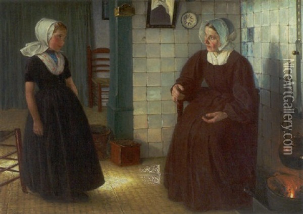 Interior Med Mor Og Barn I Egnsdragter Oil Painting - Paul Hoecker
