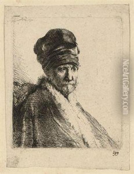 Bust Of A Man Wearing A High Cap, Three-quarters Right: The Artist's Father? Oil Painting - Rembrandt Van Rijn